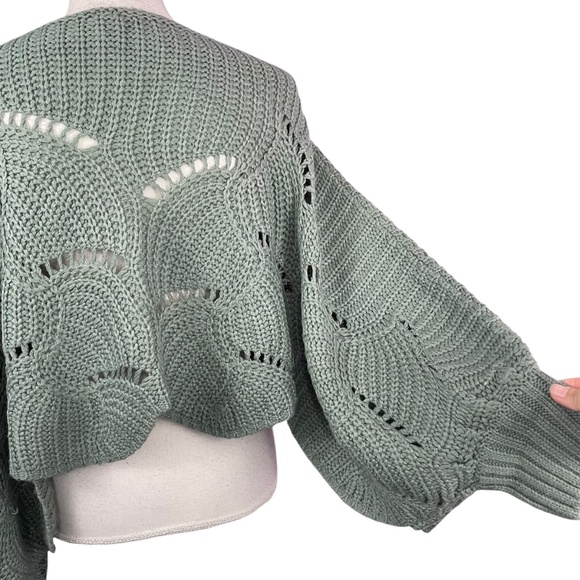 Scalloped Pointelle Batwing Sweater L Dolman Sage Green Open Knit Oversized Top - Picture 6 of 10